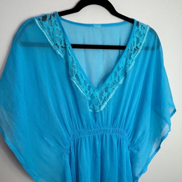 Aqua Blue Lace Trim Swim Cover Up Beach Kaftan Resort Wear Sheer Tunic - Picture 6 of 6